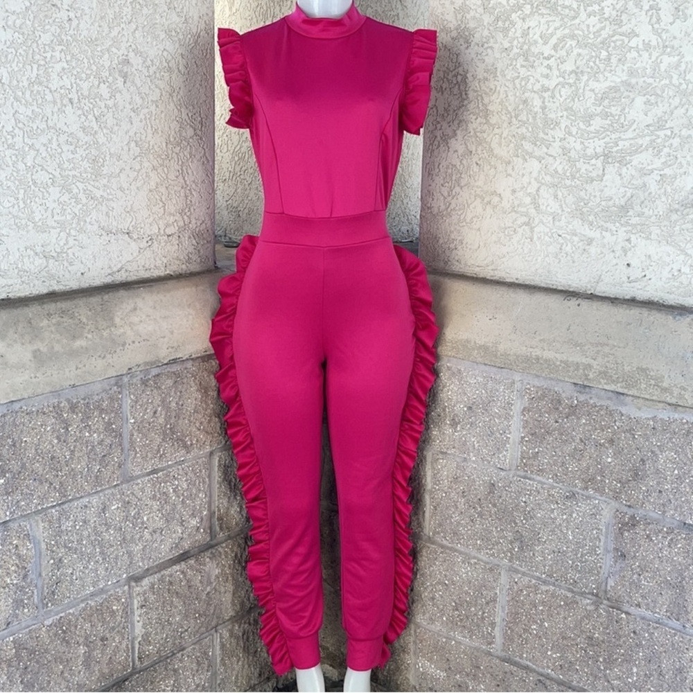 K Too Chic Fuchsia Ruffle Jumpsuit Size L